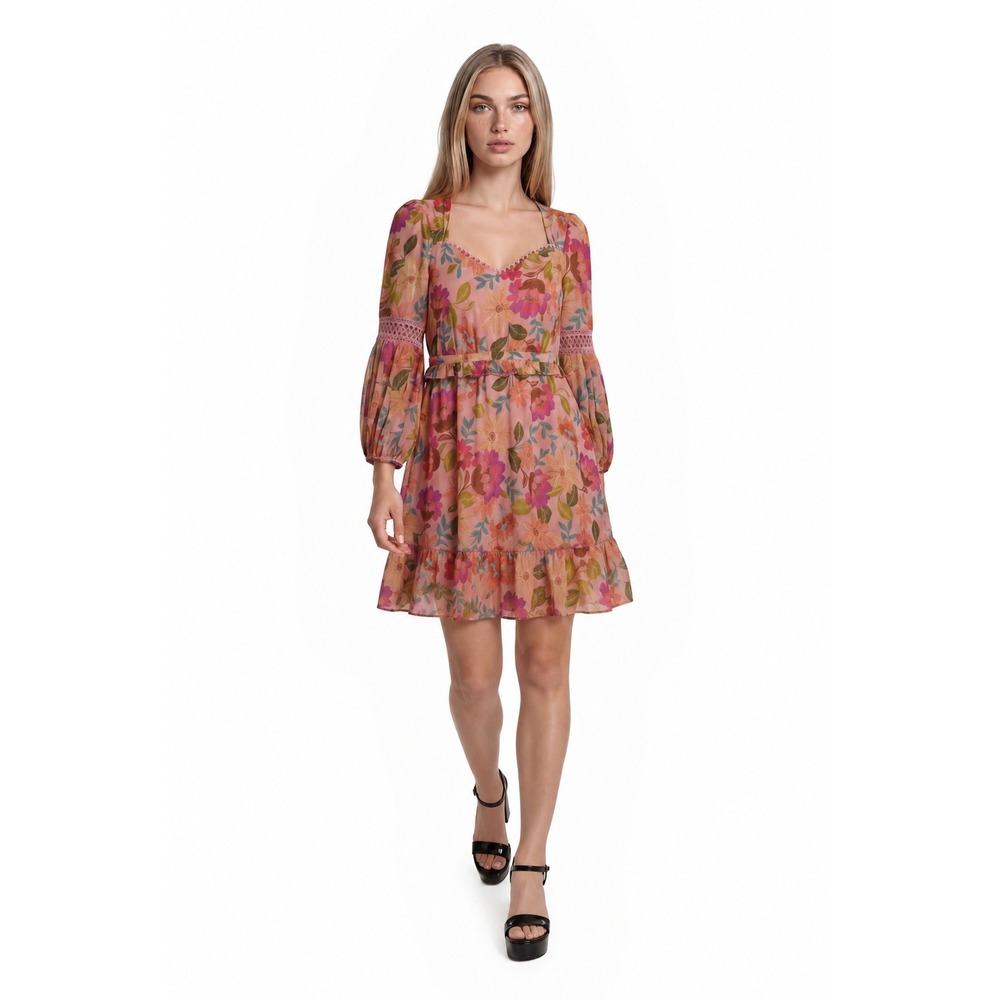 Vince Camuto Floral Dress Women's Size 12 Pink Balloon Sleeve‎ Crochet Trim